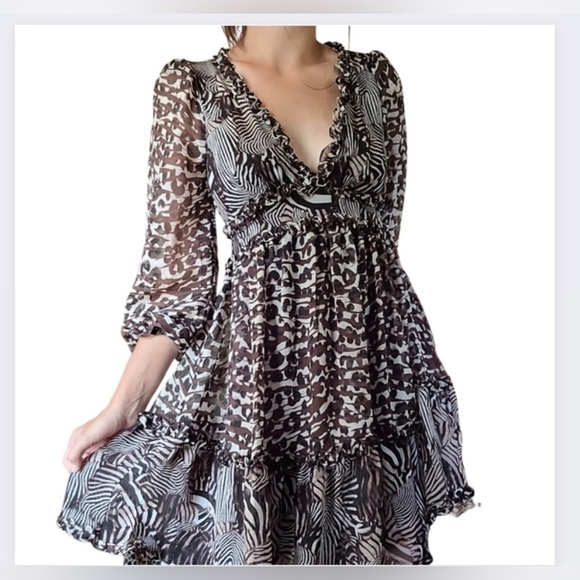 Betsey Johnson Leopard Zebra Print Ruffle Babydoll Dress Sheer Sleeve Sz 12 - Picture 3 of 6